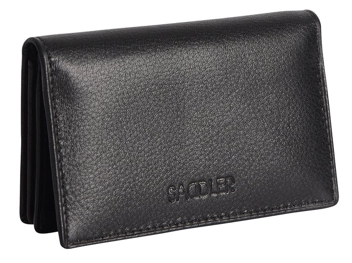 Saddler "Jessica" Women's Luxurious Leather Slim Rfid Credit Card Holder in Black. A modern, designer slim minimalist credit wallet with Rfid protection built in and presented in its own gift box. Practical for Business and credit cards held in 2 main sections and with an additional ID window section and outer back pocket making this a very popular style. Approximate Size: 10.5 x 7.0 x 2.0cm. 12 month warranty for normal use. 