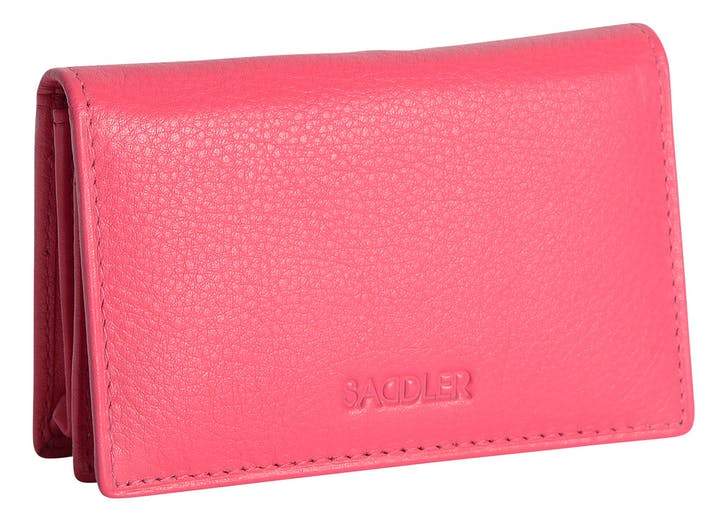 Saddler "Jessica" Women's Luxurious Leather Slim Rfid Credit Card Holder in Fuchsia. A modern, designer slim minimalist credit wallet with Rfid protection built in and presented in its own gift box. Practical for Business and credit cards held in 2 main sections and with an additional ID window section and outer back pocket making this a very popular style. Approximate Size: 10.5 x 7.0 x 2.0cm. 12 month warranty for normal use. 