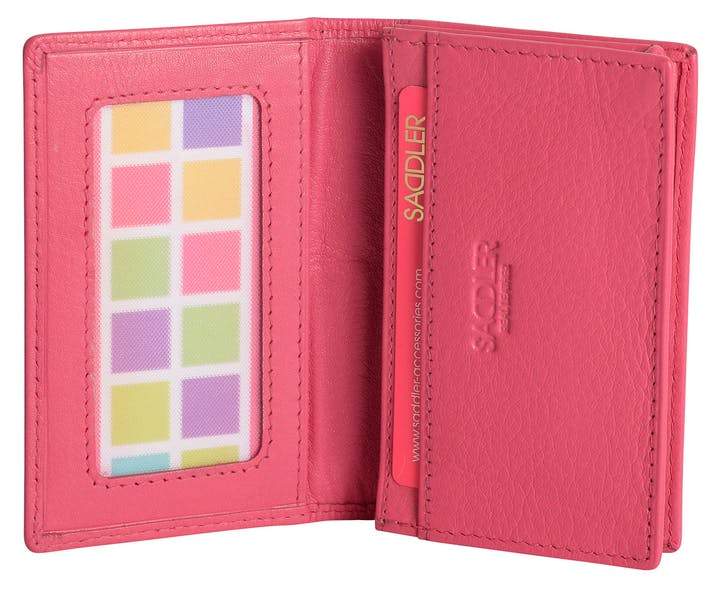 Image of a saddler jesscia leather slim rfid credit card holder in fuschia. It is made from leather