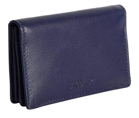 Saddler "Jessica" Women's Luxurious Leather Slim Rfid Credit Card Holder in Navy Blue. A modern, designer slim minimalist credit wallet with Rfid protection built in and presented in its own gift box. Practical for Business and credit cards held in 2 main sections and with an additional ID window section and outer back pocket making this a very popular style. Approximate Size: 10.5 x 7.0 x 2.0cm. 12 month warranty for normal use. 