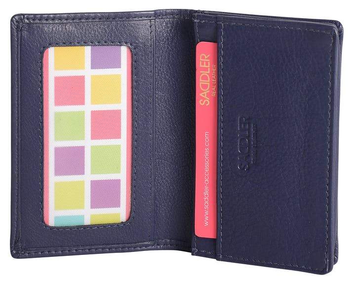 Image of a saddler jesscia leather slim rfid credit card holder in navy blue. It is made from leather