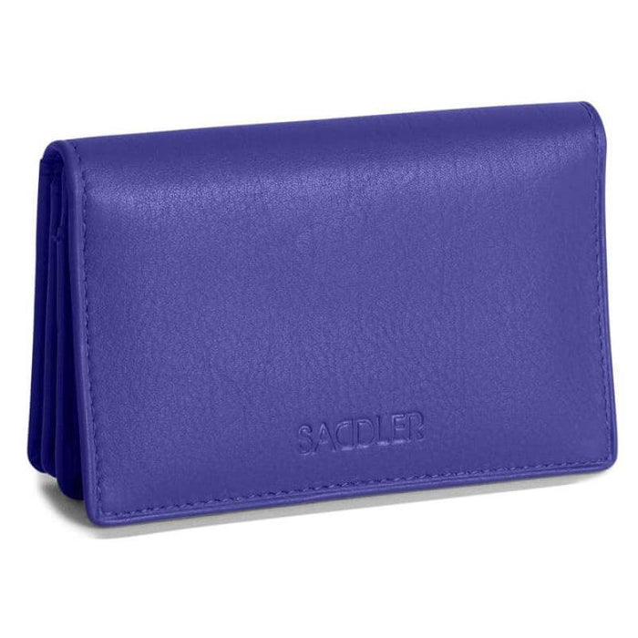 Saddler "Jessica" Women's Luxurious Leather Slim Rfid Credit Card Holder in Purple. A modern, designer slim minimalist credit wallet with Rfid protection built in and presented in its own gift box. Practical for Business and credit cards held in 2 main sections and with an additional ID window section and outer back pocket making this a very popular style. Approximate Size: 10.5 x 7.0 x 2.0cm. 12 month warranty for normal use. 