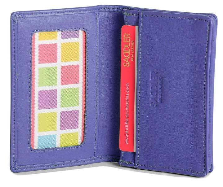 Image of a saddler jesscia leather slim rfid credit card holder in purple. It is made from leather