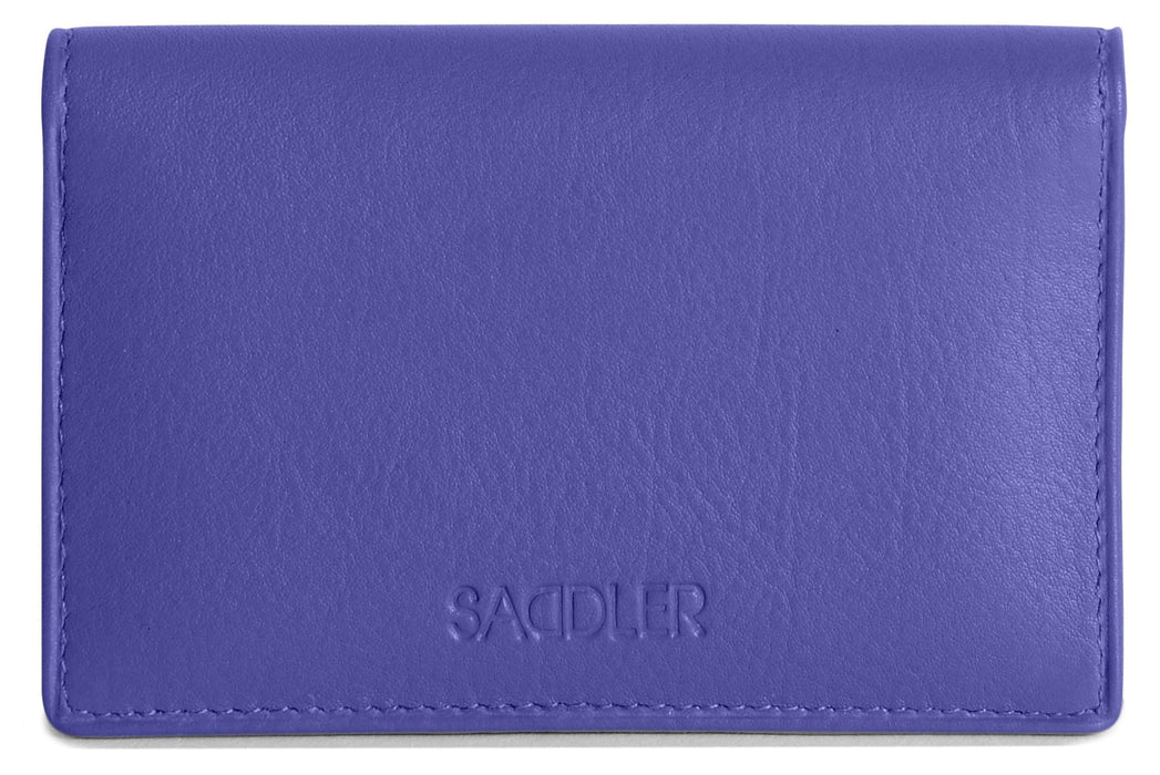 Image of a saddler jesscia leather slim rfid credit card holder in purple. It is made from leather