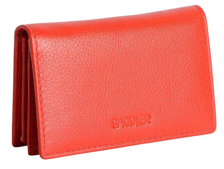 Saddler "Jessica" Women's Luxurious Leather Slim Rfid Credit Card Holder in Red. A modern, designer slim minimalist credit wallet with Rfid protection built in and presented in its own gift box. Practical for Business and credit cards held in 2 main sections and with an additional ID window section and outer back pocket making this a very popular style. Approximate Size: 10.5 x 7.0 x 2.0cm. 12 month warranty for normal use. 