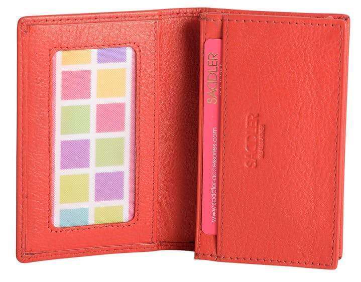 Image of a saddler jesscia leather slim rfid credit card holder in red. It is made from leather