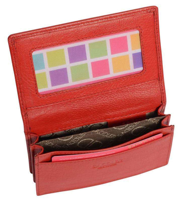 Image of a saddler jesscia leather slim rfid credit card holder in red. It is made from leather