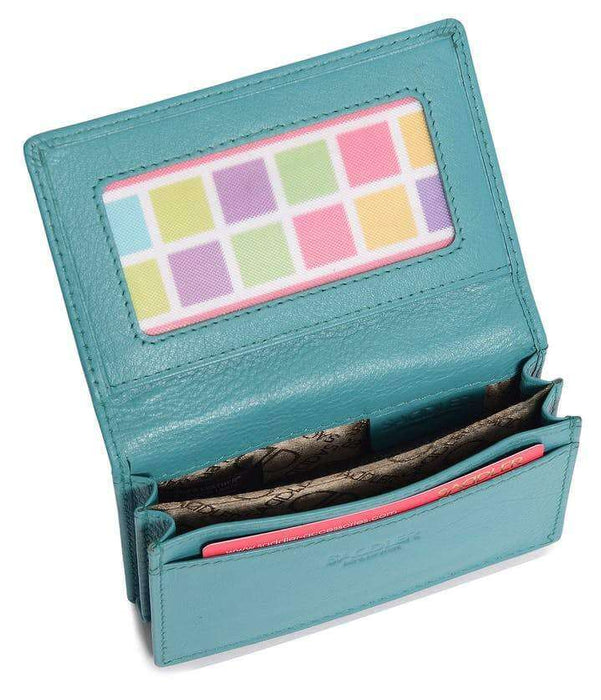 Image of a saddler jesscia leather slim rfid credit card holder in teal. It is made from leather