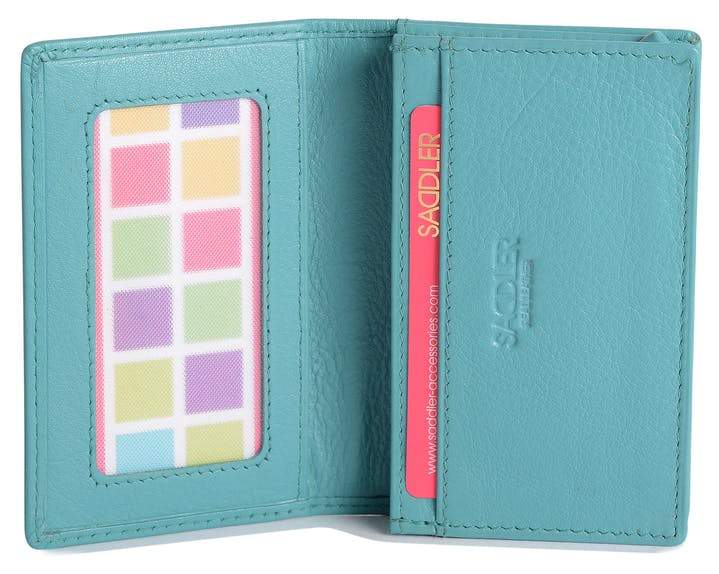 Image of a saddler jesscia leather slim rfid credit card holder in teal. It is made from leather