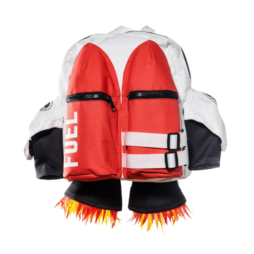 image of a childs jetpack backpack, designed to look like a pair of red  rockets with flames coming out the end and the word fuel written on the left hand red rocket. The main body of the bag is white with black trim.