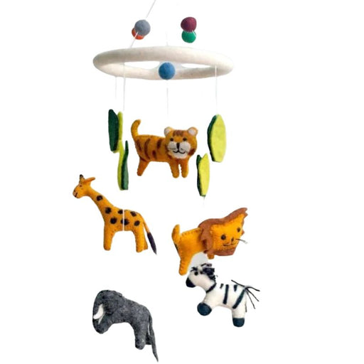 This delightful felt Jungle Animals Mobile by The Winding Road is a beautiful addition to your Nursery. Featuring five different animals: Lion, Tiger, Elephant, Zebra and Giraffe. Approximately 20" tall and 7.5" wide. Handmade from 100% natural wool. No chemicals are used during production.