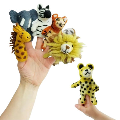 These delightful Jungle Jamboree felt finger puppets by The Winding Road come in a set of 6: 1 Elephant, 1 Tiger, 1 Lion, 1 Giraffe, 1 Leopard and 1 Zebra. Approximately 4" tall, 3.5" wide and 2" thick (varies depending on ear/tail/horn details).