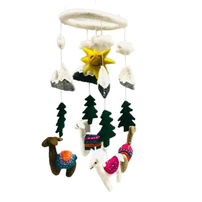 This delightful felt Llama Mobile by The Winding Road is a beautiful addition to your Nursery. Featuring mountains, clouds, the sun, trees and four cute and colourful Llamas.  Approximately 20" tall and 7.5" wide.  Made from 100% natural wool. No chemicals are used during production.