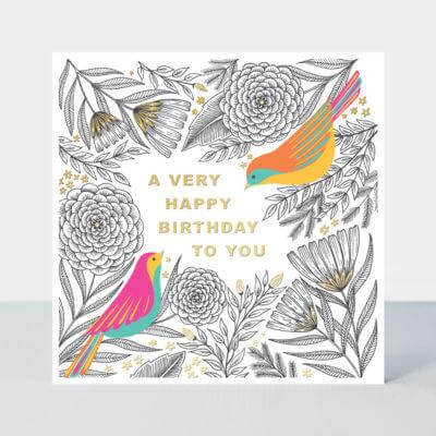 Happy Birthday Card with Birds and Floral Design