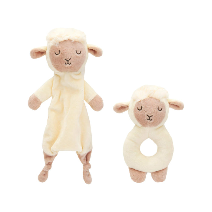 image of a babies rattle and babies comforter in the shape of a lamb