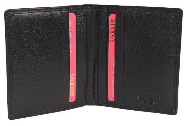 Saddler "Lexi" Women's Luxurious Leather Bifold RFID Credit Card Holder in Black.  A modern, designer slim minimalist credit wallet with Rfid protection built in and presented in its own gift box. Classic North-South Card Holder with space for 6 credit cards. Approximate Size: 12.0 x 8.5 x 2.0cm when closed. 12 month warranty for normal use. 