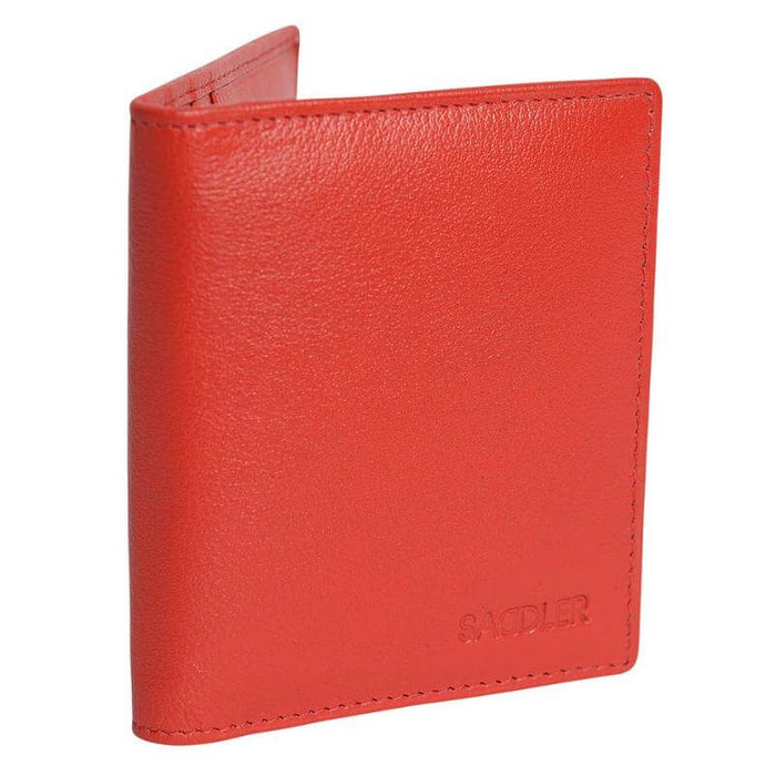 Saddler "Lexi" Women's Luxurious Leather Bifold RFID Credit Card Holder in Red.  A modern, designer slim minimalist credit wallet with Rfid protection built in and presented in its own gift box. Classic North-South Card Holder with space for 6 credit cards. Approximate Size: 12.0 x 8.5 x 2.0cm when closed. 12 month warranty for normal use. 