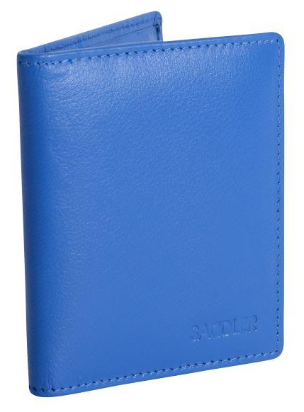 Saddler "Lexi" Women's Luxurious Leather Bifold RFID Credit Card Holder in Light Blue.  A modern, designer slim minimalist credit wallet with Rfid protection built in and presented in its own gift box. Classic North-South Card Holder with space for 6 credit cards. Approximate Size: 12.0 x 8.5 x 2.0cm when closed. 12 month warranty for normal use. 