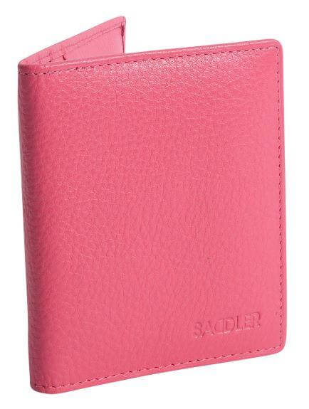 Saddler "Lexi" Women's Luxurious Leather Bifold RFID Credit Card Holder in Fuchsia.  A modern, designer slim minimalist credit wallet with Rfid protection built in and presented in its own gift box. Classic North-South Card Holder with space for 6 credit cards. Approximate Size: 12.0 x 8.5 x 2.0cm when closed. 12 month warranty for normal use. 