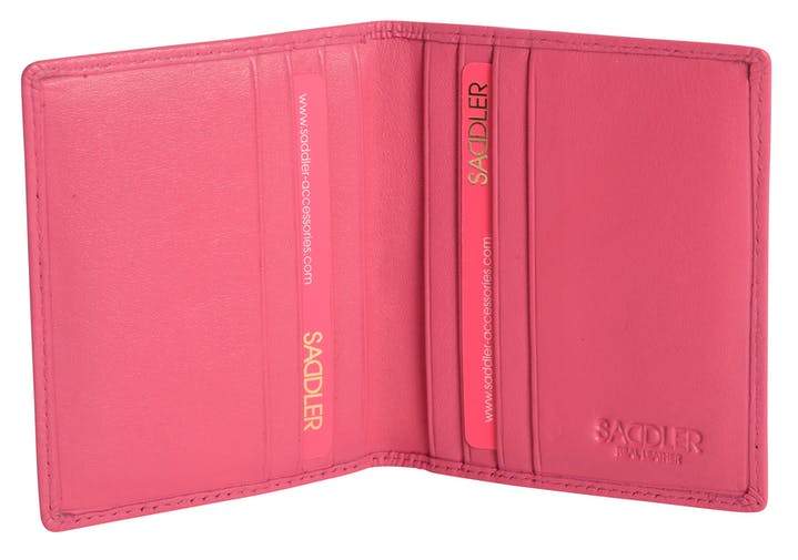 Image of a saddler lexi leather bifold rfid credit card holder in fuschia. It is made from leather