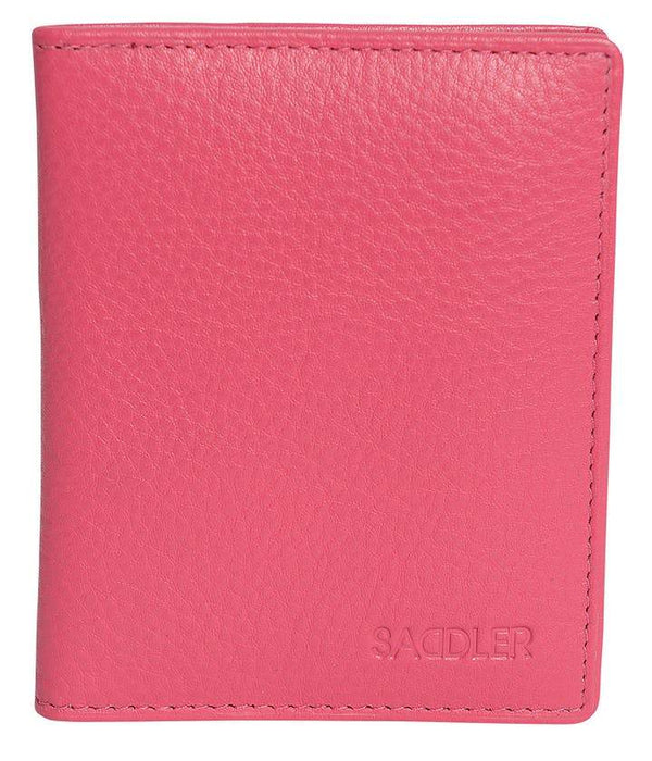 Image of a saddler lexi leather bifold rfid credit card holder in fuschia. It is made from leather