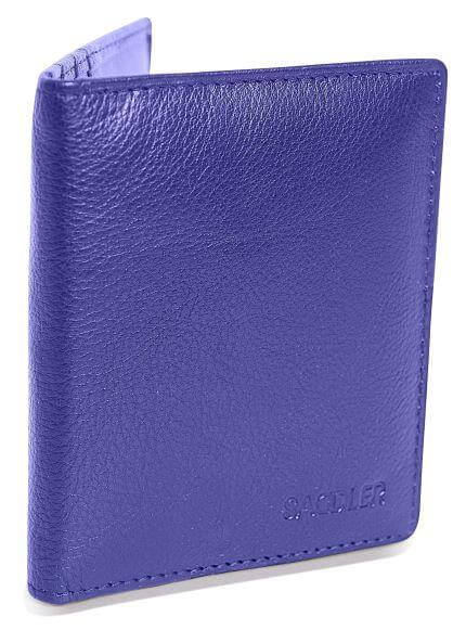 Saddler "Lexi" Women's Luxurious Leather Bifold RFID Credit Card Holder in  Purple.  A modern, designer slim minimalist credit wallet with Rfid protection built in and presented in its own gift box. Classic North-South Card Holder with space for 6 credit cards. Approximate Size: 12.0 x 8.5 x 2.0cm when closed. 12 month warranty for normal use. 