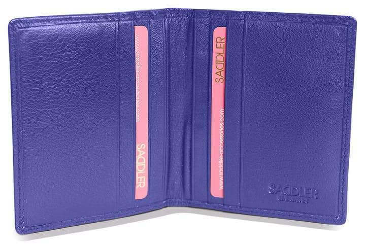Image of a saddler lexi leather bifold rfid credit card holder in purple. It is made from leather
