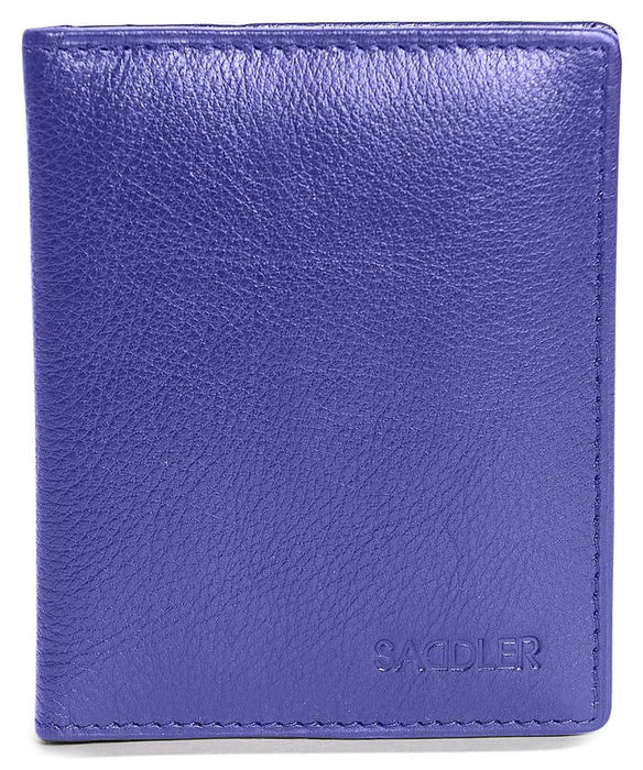 Image of a saddler lexi leather bifold rfid credit card holder in purple. It is made from leather