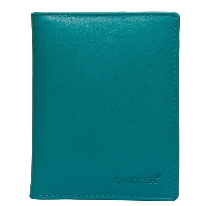 Saddler "Lexi" Women's Luxurious Leather Bifold RFID Credit Card Holder in Teal.  A modern, designer slim minimalist credit wallet with Rfid protection built in and presented in its own gift box. Classic North-South Card Holder with space for 6 credit cards. Approximate Size: 12.0 x 8.5 x 2.0cm when closed. 12 month warranty for normal use. 