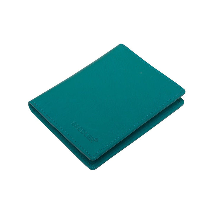 Image of a saddler lexi leather bifold rfid credit card holder in teal. It is made from leather