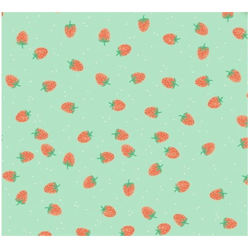 image of a square of wrapping paper, the paper has a light green almost mint background with lots of illustrated stawberries on it