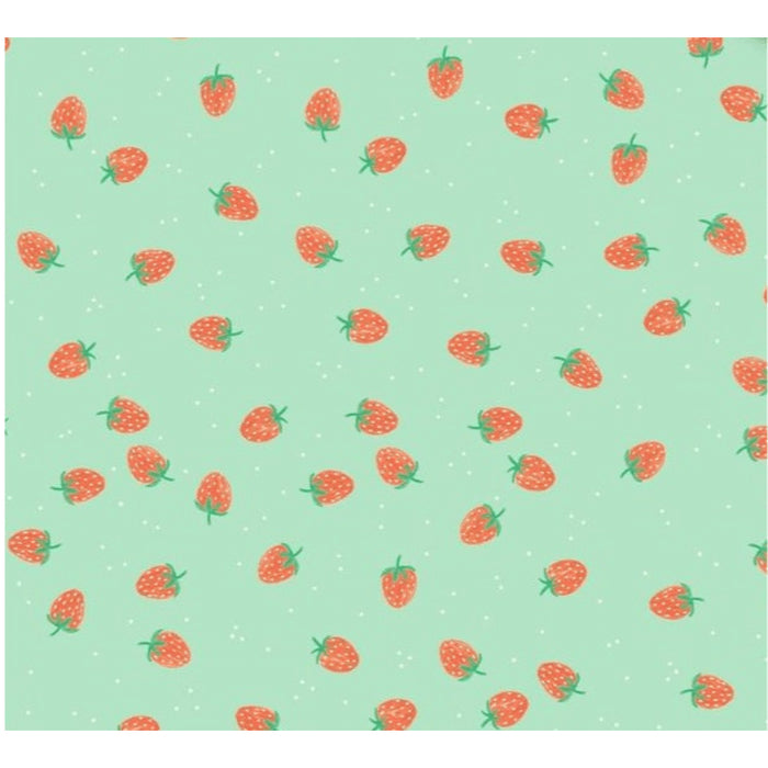 image of a square of wrapping paper, the paper has a light green almost mint background with lots of illustrated stawberries on it