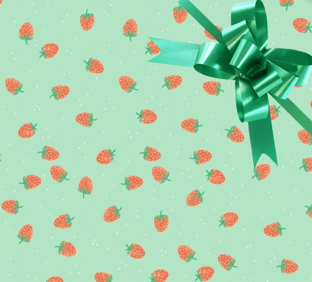 image of a square of wrapping paper, the paper has a light green almost mint background with lots of illustrated stawberries on it, in the centre of the gift wrap paper is a green paper gift wrapping bow