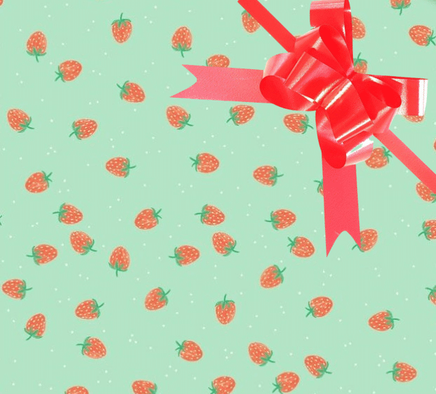 image of a square of wrapping paper, the paper has a light green almost mint background with lots of illustrated stawberries on it, in the centre of the gift wrap paper is a gold paper gift wrapping bow