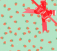 image of a square of wrapping paper, the paper has a light green almost mint background with lots of illustrated stawberries on it, in the centre of the gift wrap paper is a gold paper gift wrapping bow