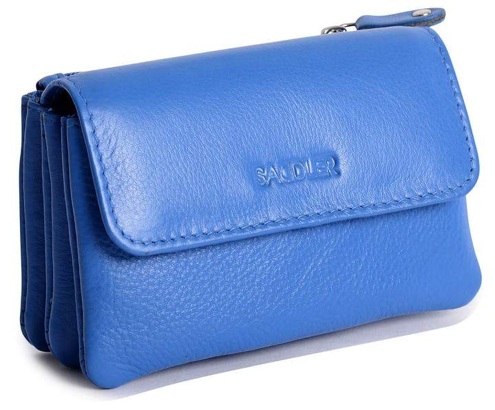 Saddler "Lily" Flapover Small Coin Purse in Light Blue. This roomy, luxurious, leather 3 section, coin purse can accommodate multiple credit cards with plenty of room for coins or small keys in either of the 2 zipper pockets, 2 open pockets and 2 slip-in pockets. Approximate Size: 12.0 x 8.0 x 3.0cm when closed. 12 month warranty for normal use.