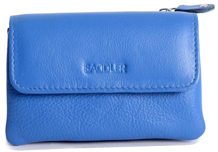 Image of a saddler lily flapover small coin purse in Blue. It is made from leather