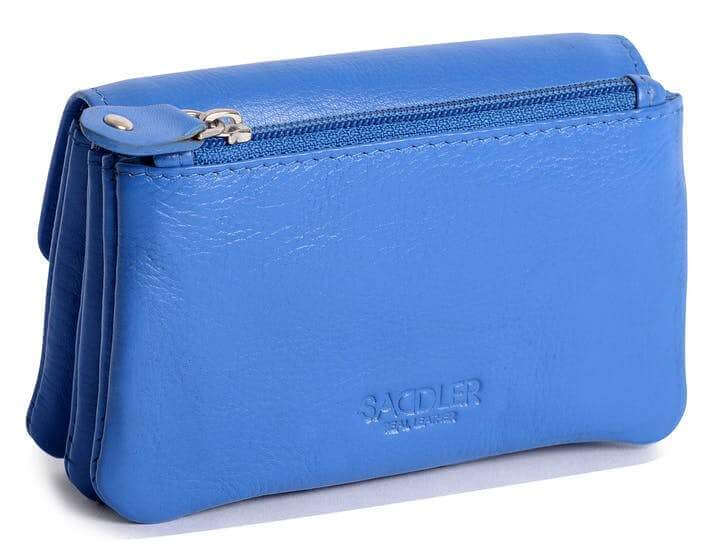 Image of a saddler lily flapover small coin purse in Blue. It is made from leather