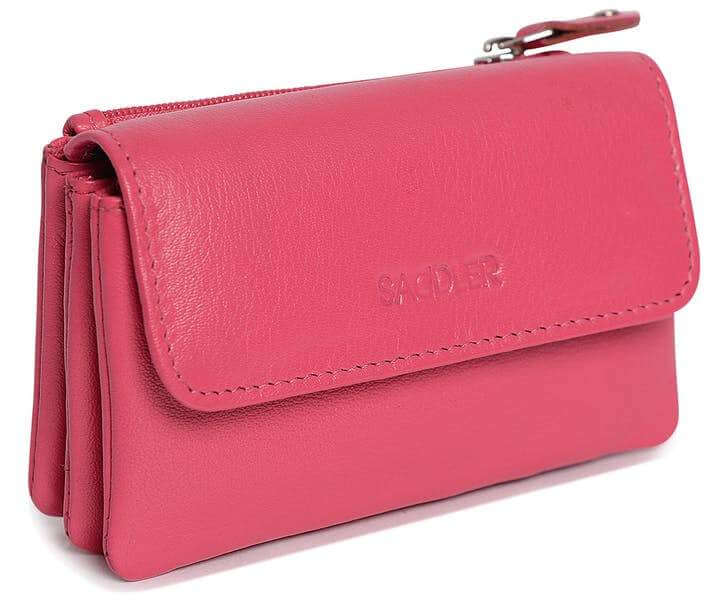 Saddler "Lily" Flapover Small Coin Purse in Fuchsia. This roomy, luxurious, leather 3 section, coin purse can accommodate multiple credit cards with plenty of room for coins or small keys in either of the 2 zipper pockets, 2 open pockets and 2 slip-in pockets. Approximate Size: 12.0 x 8.0 x 3.0cm when closed. 12 month warranty for normal use.