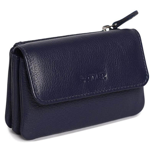Saddler "Lily" Flapover Small Coin Purse in Navy Blue. This roomy, luxurious, leather 3 section, coin purse can accommodate multiple credit cards with plenty of room for coins or small keys in either of the 2 zipper pockets, 2 open pockets and 2 slip-in pockets. Approximate Size: 12.0 x 8.0 x 3.0cm when closed. 12 month warranty for normal use.