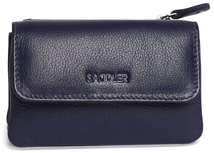 Image of a saddler lily flapover small coin purse in navy blue. It is made from leather