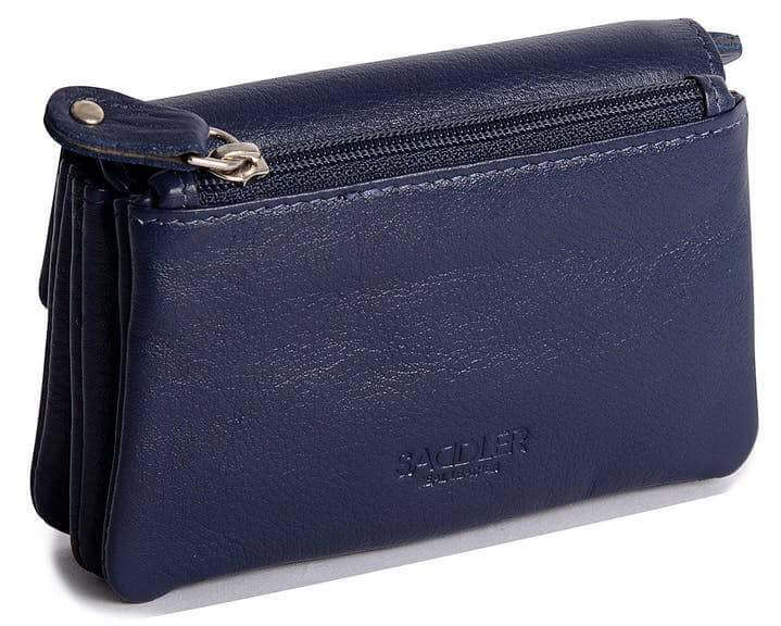 Image of a saddler lily flapover small coin purse in navy blue. It is made from leather