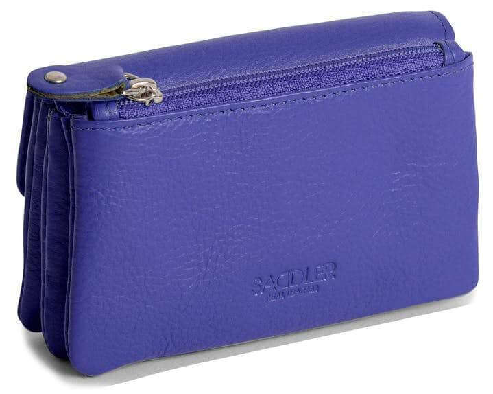 Image of a saddler lily flapover small coin purse in purple. It is made from leather
