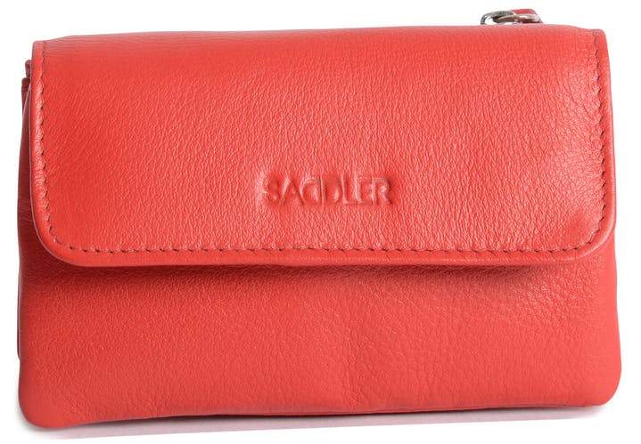 Image of a saddler lily flapover small coin purse in red. It is made from leather