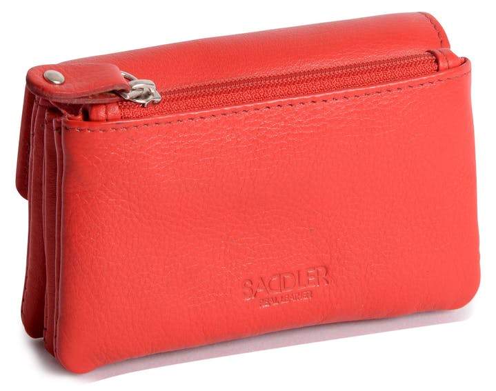 Image of a saddler lily flapover small coin purse in red. It is made from leather