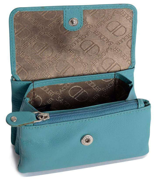 Image of a saddler lily flapover small coin purse in teal. It is made from leather