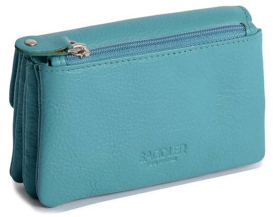 Saddler "Lily" Flapover Small Coin Purse in Teal. This roomy, luxurious, leather 3 section, coin purse can accommodate multiple credit cards with plenty of room for coins or small keys in either of the 2 zipper pockets, 2 open pockets and 2 slip-in pockets. Approximate Size: 12.0 x 8.0 x 3.0cm when closed. 12 month warranty for normal use.