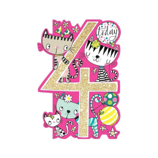 a pink background and a large golden number 4 in the middle and the word 'today' in the top right hand corner. This 4th birthday card features lots of hand drawn, super cute cats and colourful party balloons.