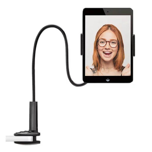 image of a black long neck tablet holder/phone holder. the tablet shows a womens face and the phone holder is clamped to a worktop.