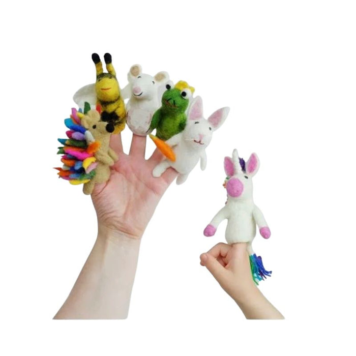 These delightful Magic Meadow felt finger puppets by The Winding Road come in a set of 6: 1 Rainbow Hedgehog, 1 Bunny, 1 Bumble Bee, 1 Mouse, 1 Frog Prince and 1 Rainbow Unicorn.  Approximately 4" tall, 3.5" wide and 2" thick (varies depending on ear/tail/horn details).